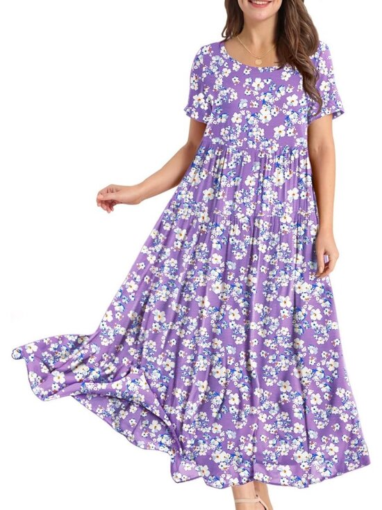 Dresses & Skirts - Women's Purple White Crew Neck Classic Short Sleeve Pull On Floral Maxi Dresses